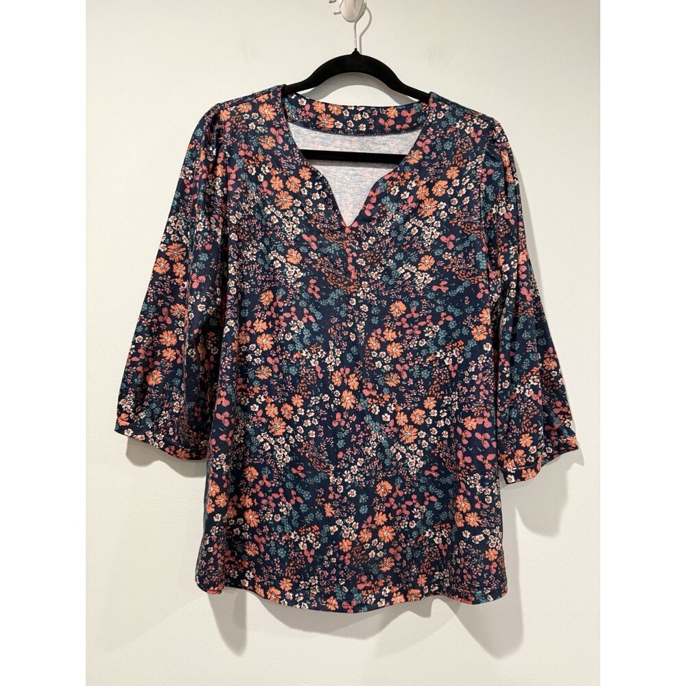 Floral 3/4 Sleeve Top Womens Large Stretch Work Office Preppy Vacation Travel